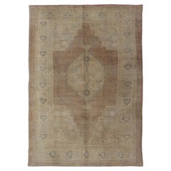 Retro Oushak Rug Rug with Mocha Color and Pale Neutral Tones