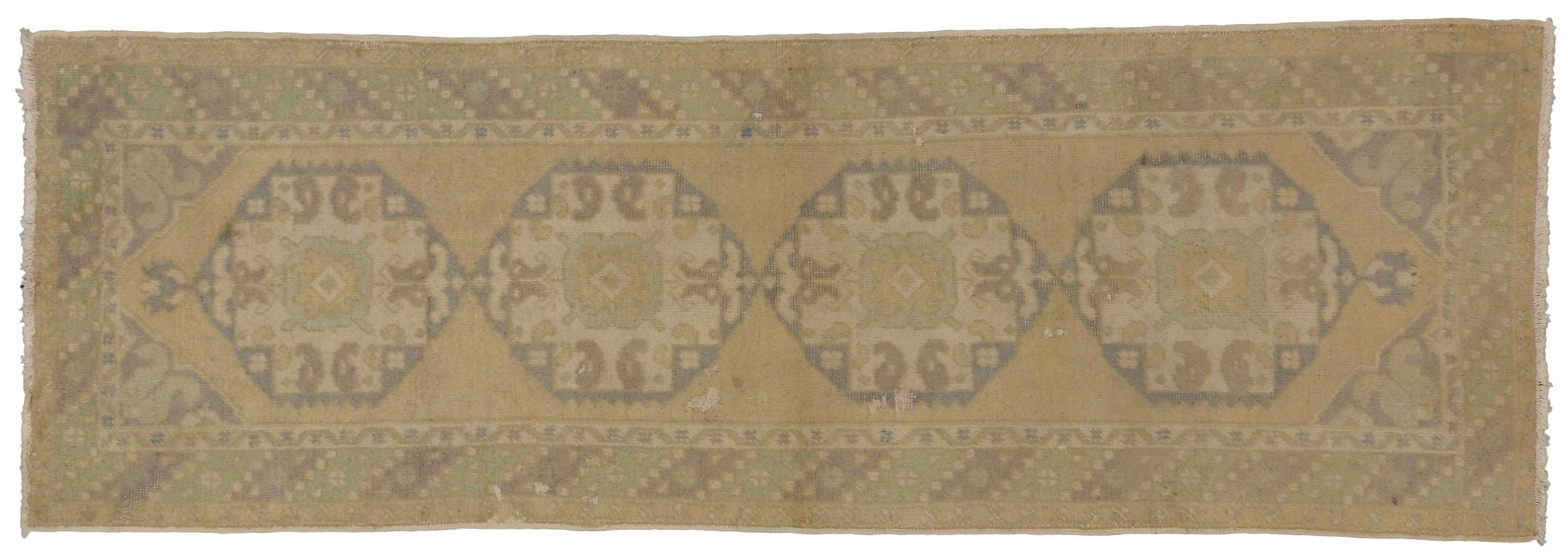 Hand-Knotted Vintage Oushak Rug Runner, Hallway Runner with Soft Colors For Sale