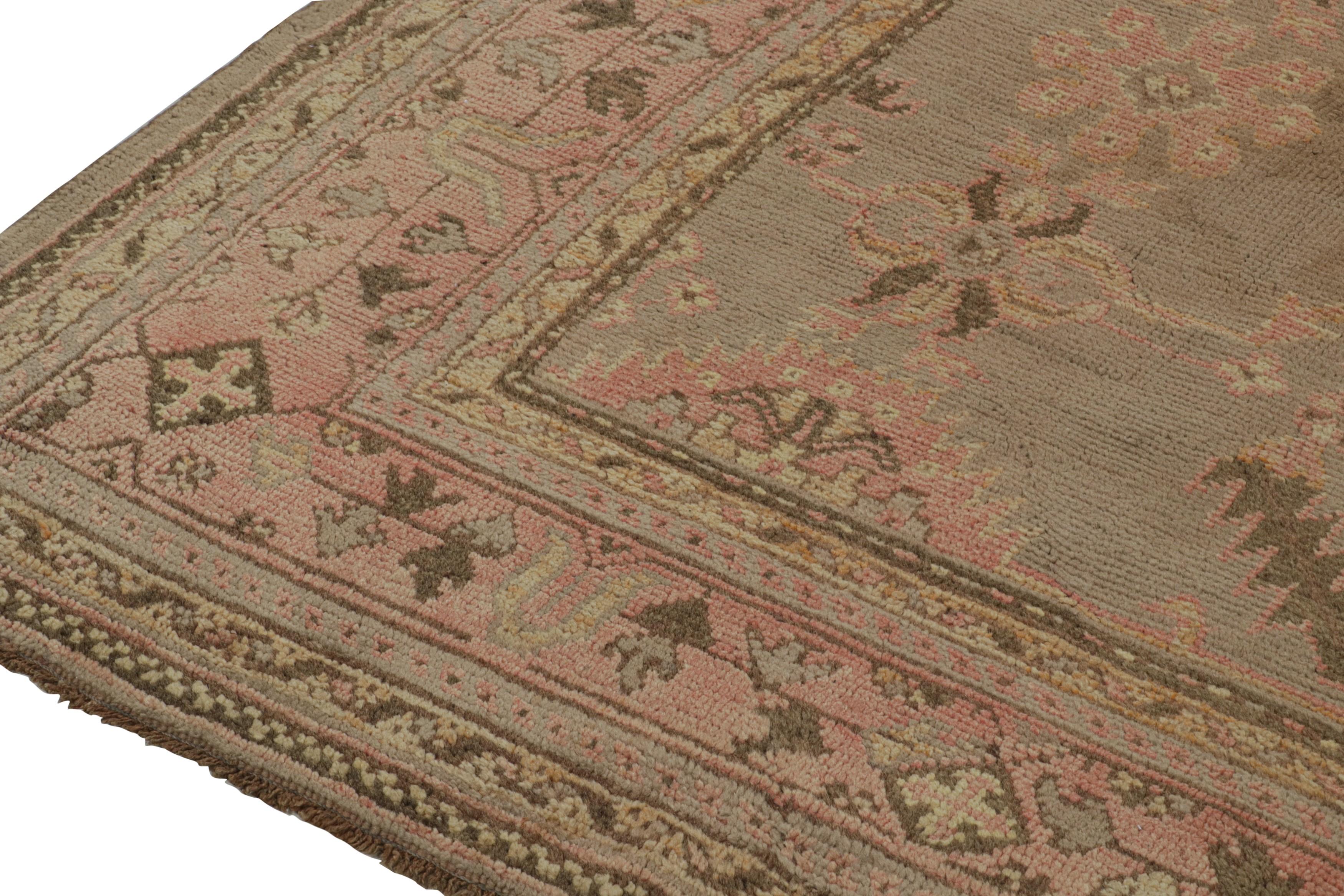 Turkish Vintage Oushak Rug with Beige-Brown and Pink Floral Patterns, from Rug & Kilim For Sale