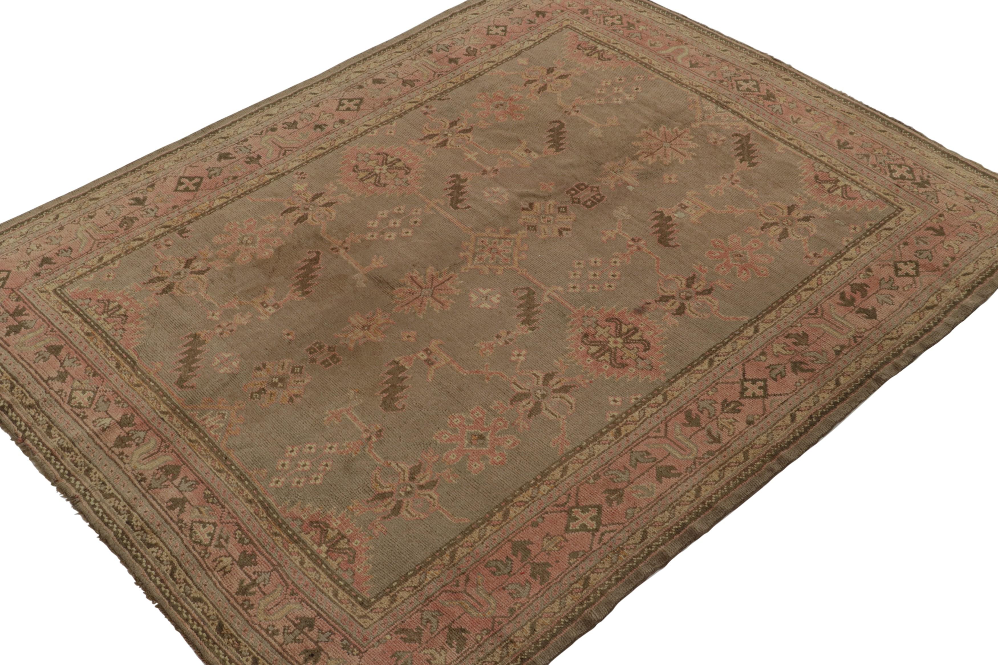 Hand-Knotted Vintage Oushak Rug with Beige-Brown and Pink Floral Patterns, from Rug & Kilim For Sale