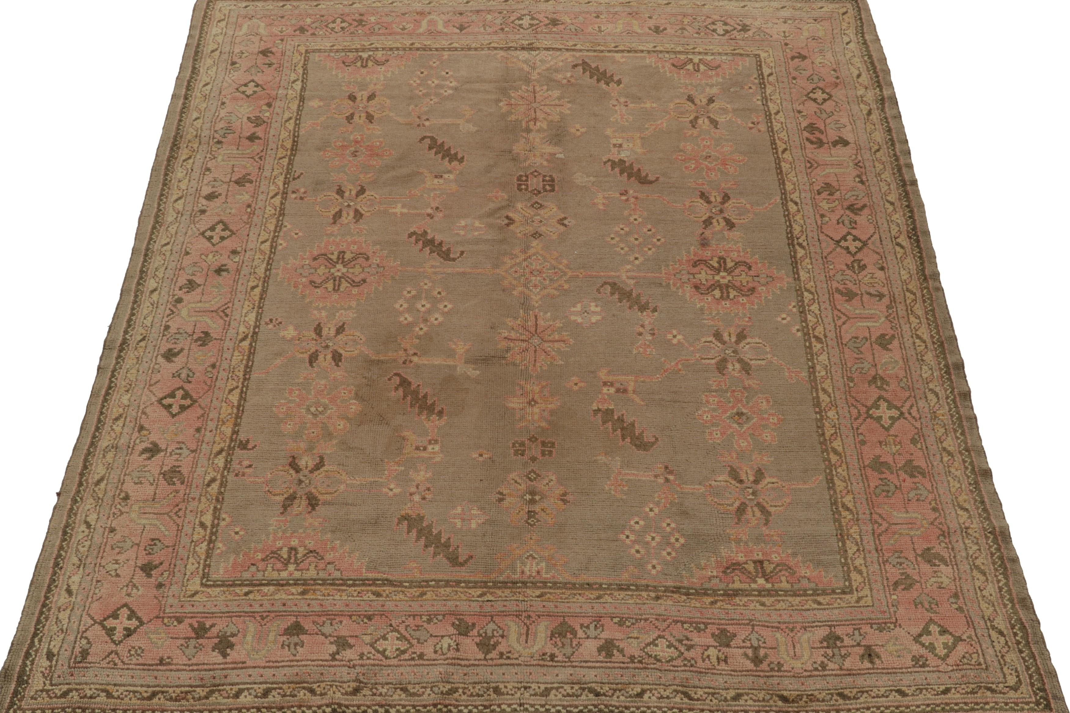 Vintage Oushak Rug with Beige-Brown and Pink Floral Patterns, from Rug & Kilim In Good Condition For Sale In Long Island City, NY
