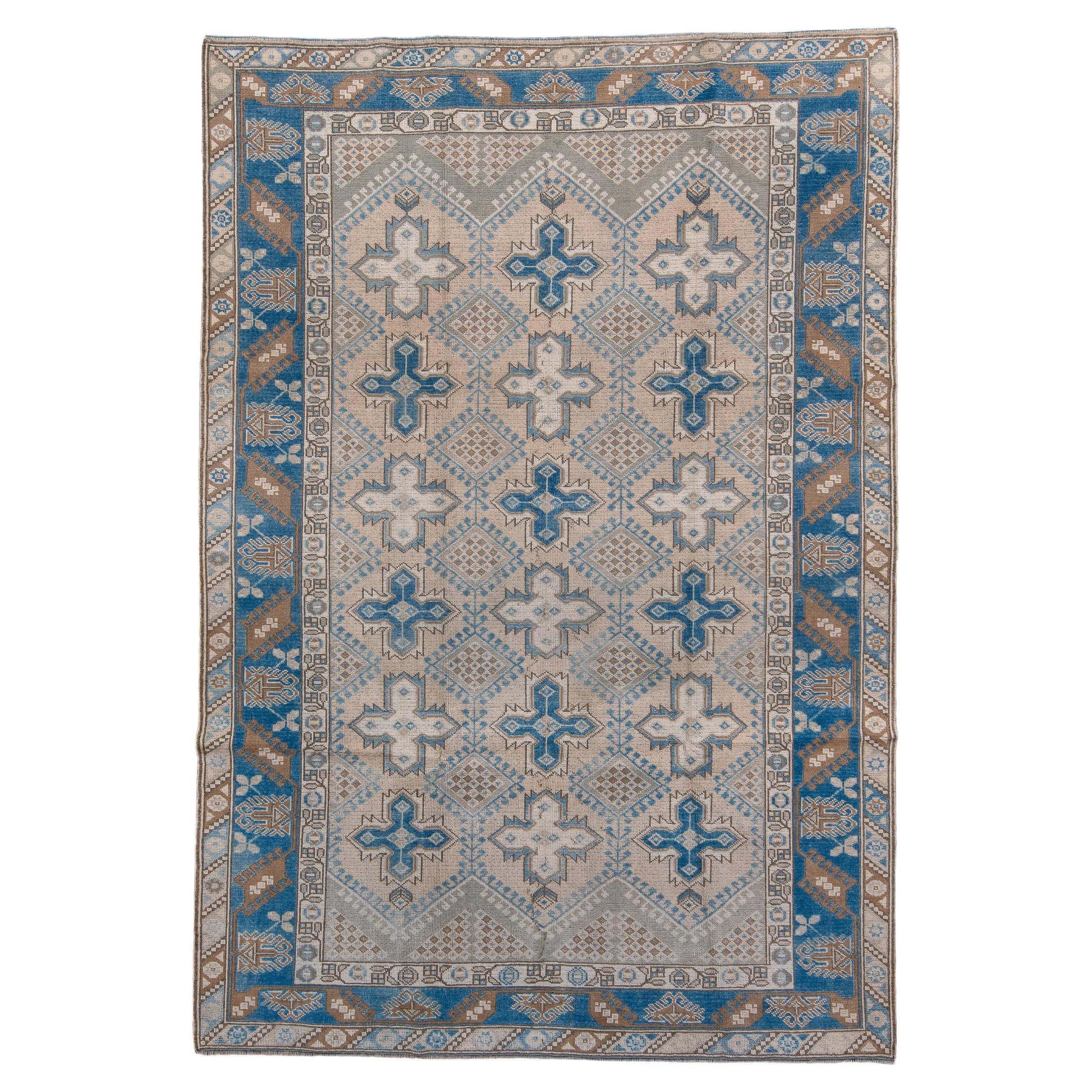 Vintage Oushak Rug with Beige Field and Blue Details 