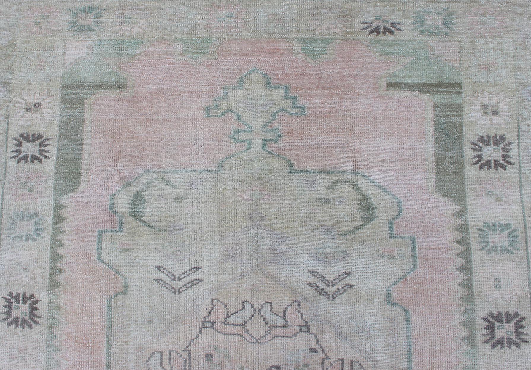Vintage Oushak Rug with Central Medallion Warm Blush, Pink and Light Green 3