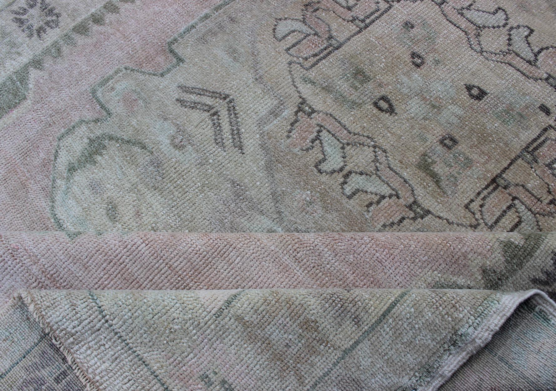 Vintage Oushak Rug with Central Medallion Warm Blush, Pink and Light Green 4