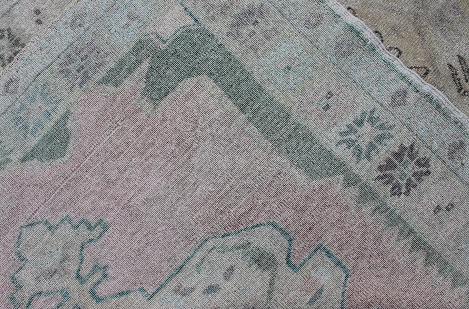 Vintage Oushak Rug with Central Medallion Warm Blush, Pink and Light Green 5