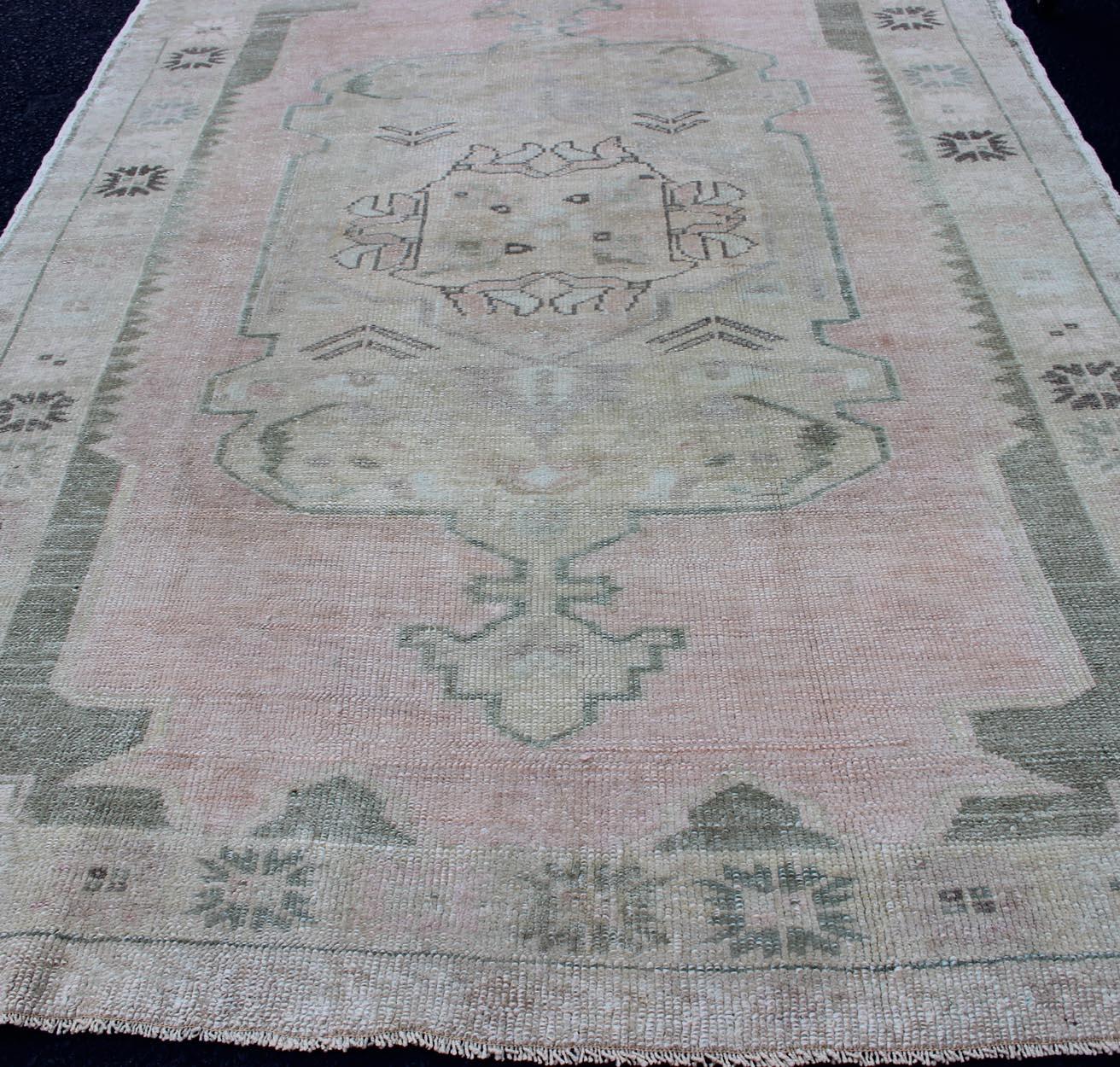 20th Century Vintage Oushak Rug with Central Medallion Warm Blush, Pink and Light Green