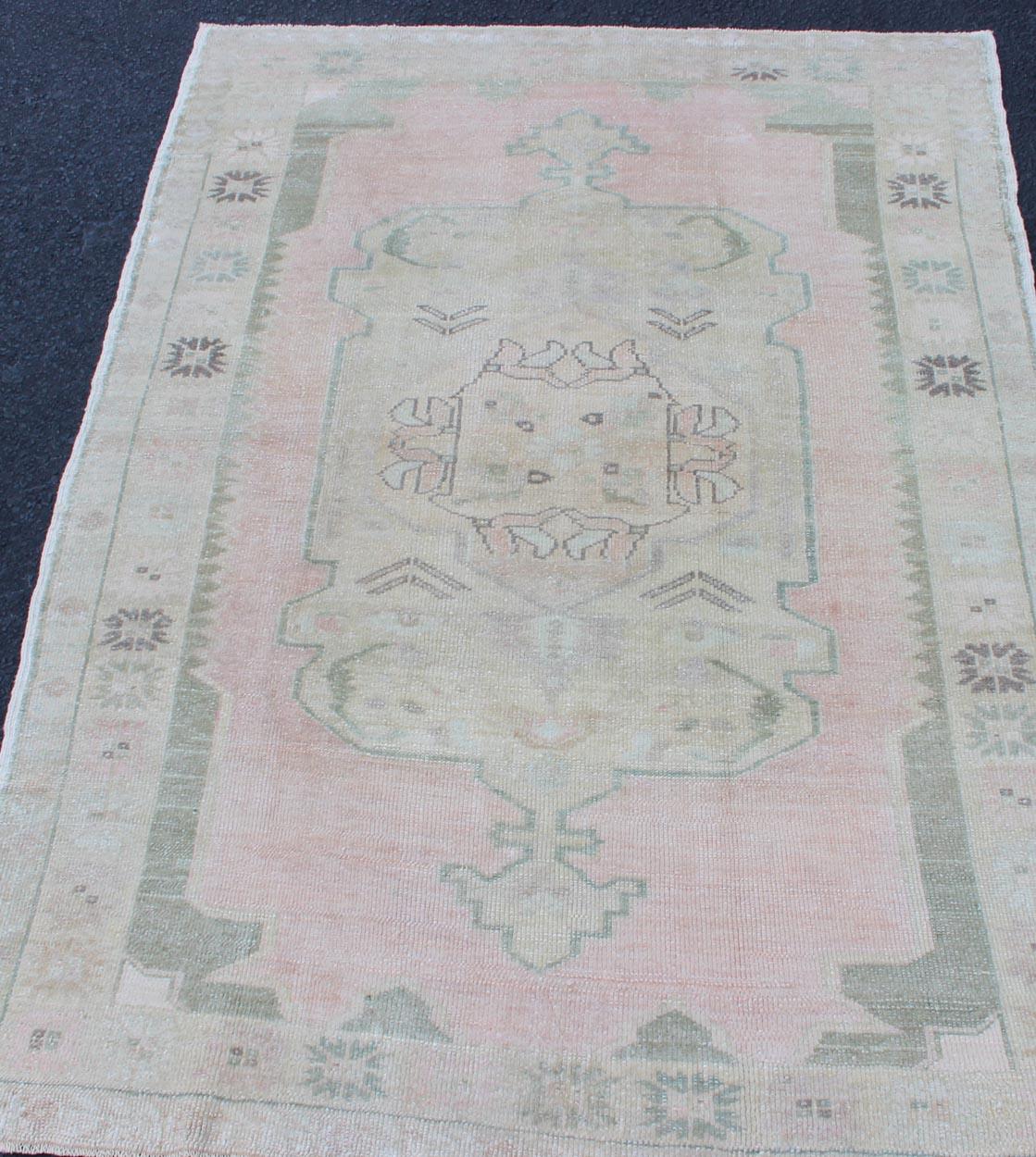 Wool Vintage Oushak Rug with Central Medallion Warm Blush, Pink and Light Green