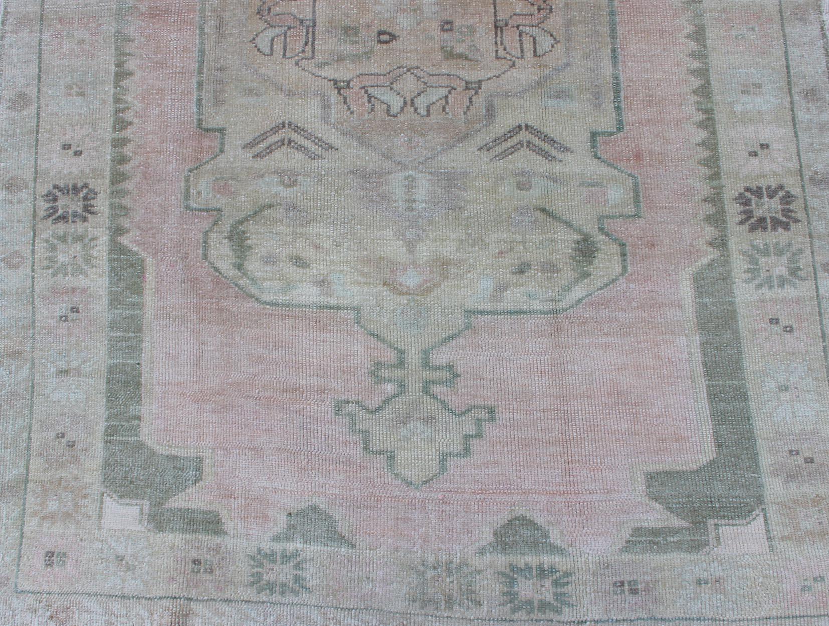 Vintage Oushak Rug with Central Medallion Warm Blush, Pink and Light Green 1