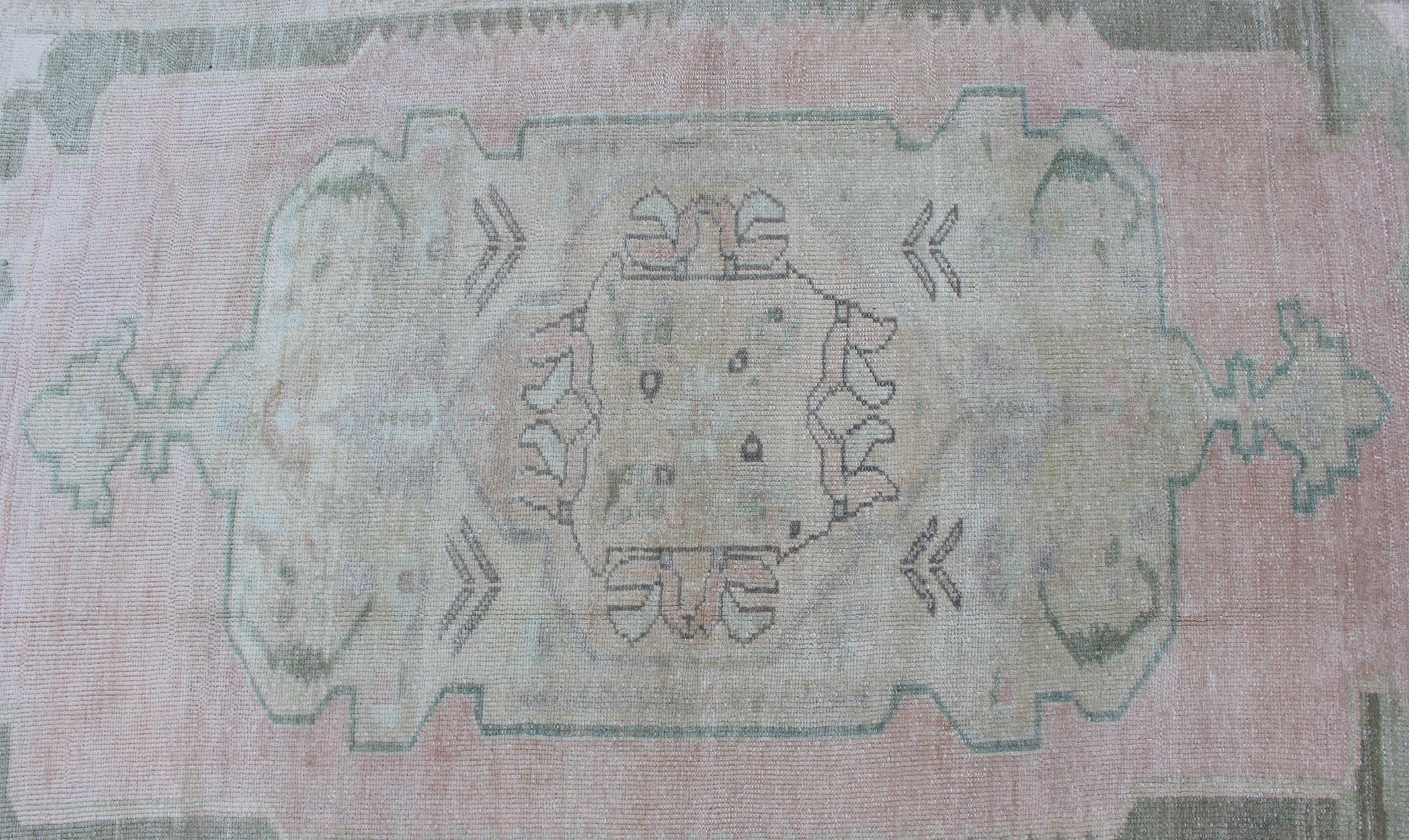 Vintage Oushak Rug with Central Medallion Warm Blush, Pink and Light Green 2