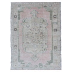 Vintage Oushak Rug with Central Medallion Warm Blush, Pink and Light Green