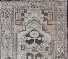 Vintage Oushak Rug with Central Medallion Warm Tones and Light Blue Border