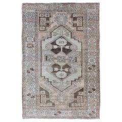 Vintage Oushak Rug with Central Medallion Warm Tones and Light Blue Border