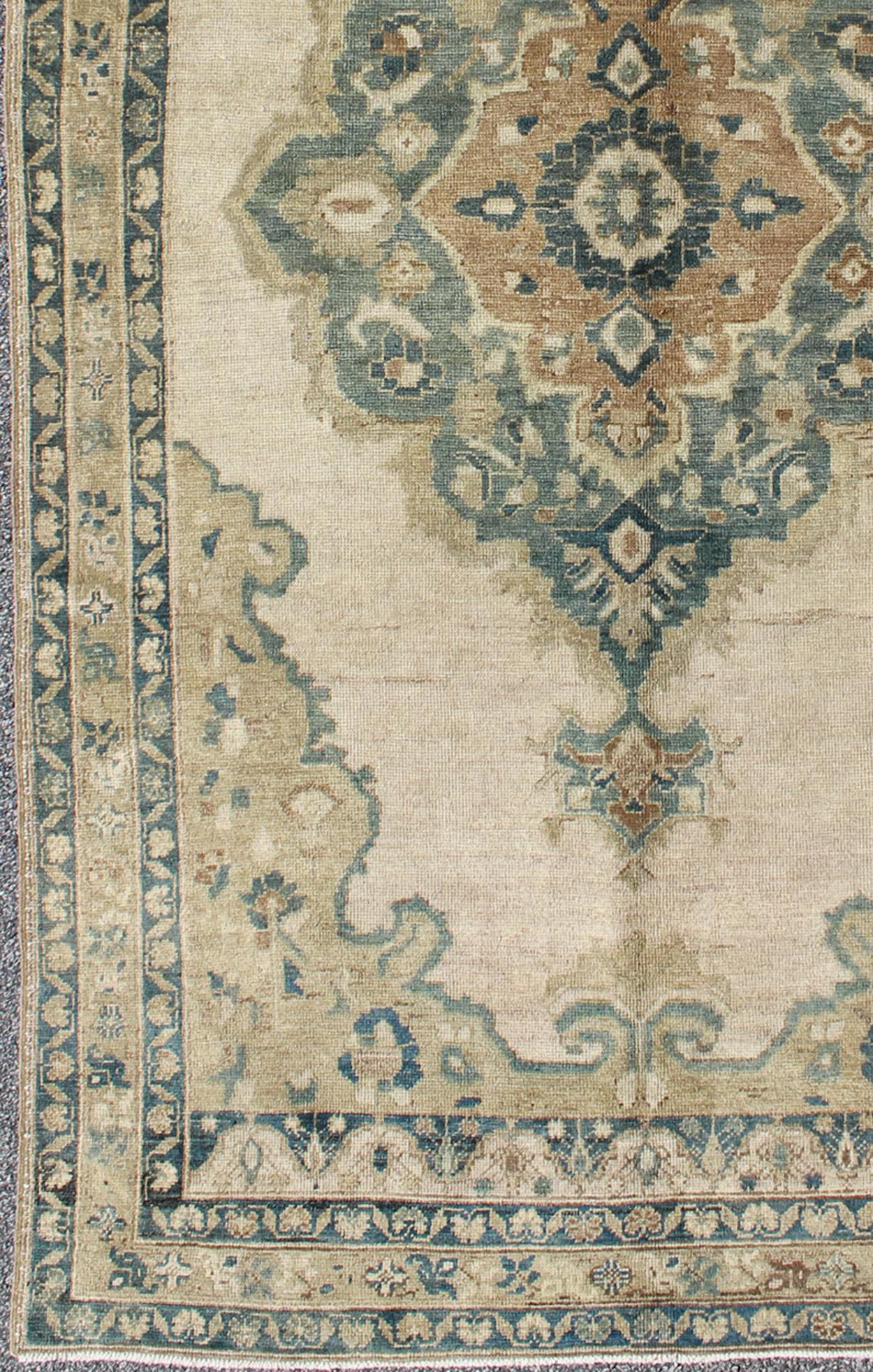 Turkish Vintage Oushak Rug with Floral Design in Blue/Green, Taupe, Ivory & Yellow Green For Sale