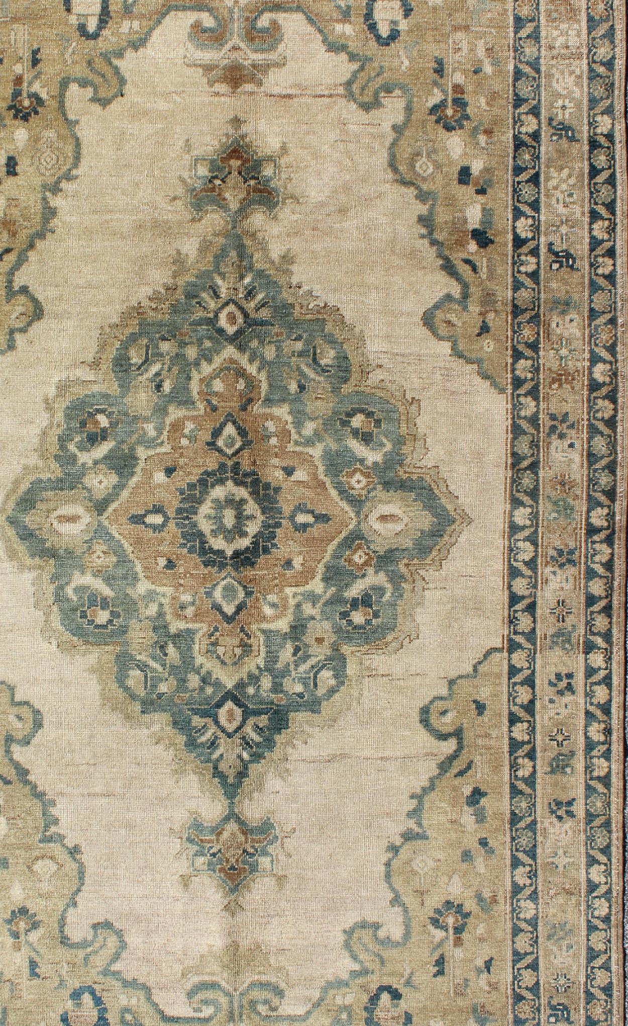 Hand-Knotted Vintage Oushak Rug with Floral Design in Blue/Green, Taupe, Ivory & Yellow Green For Sale