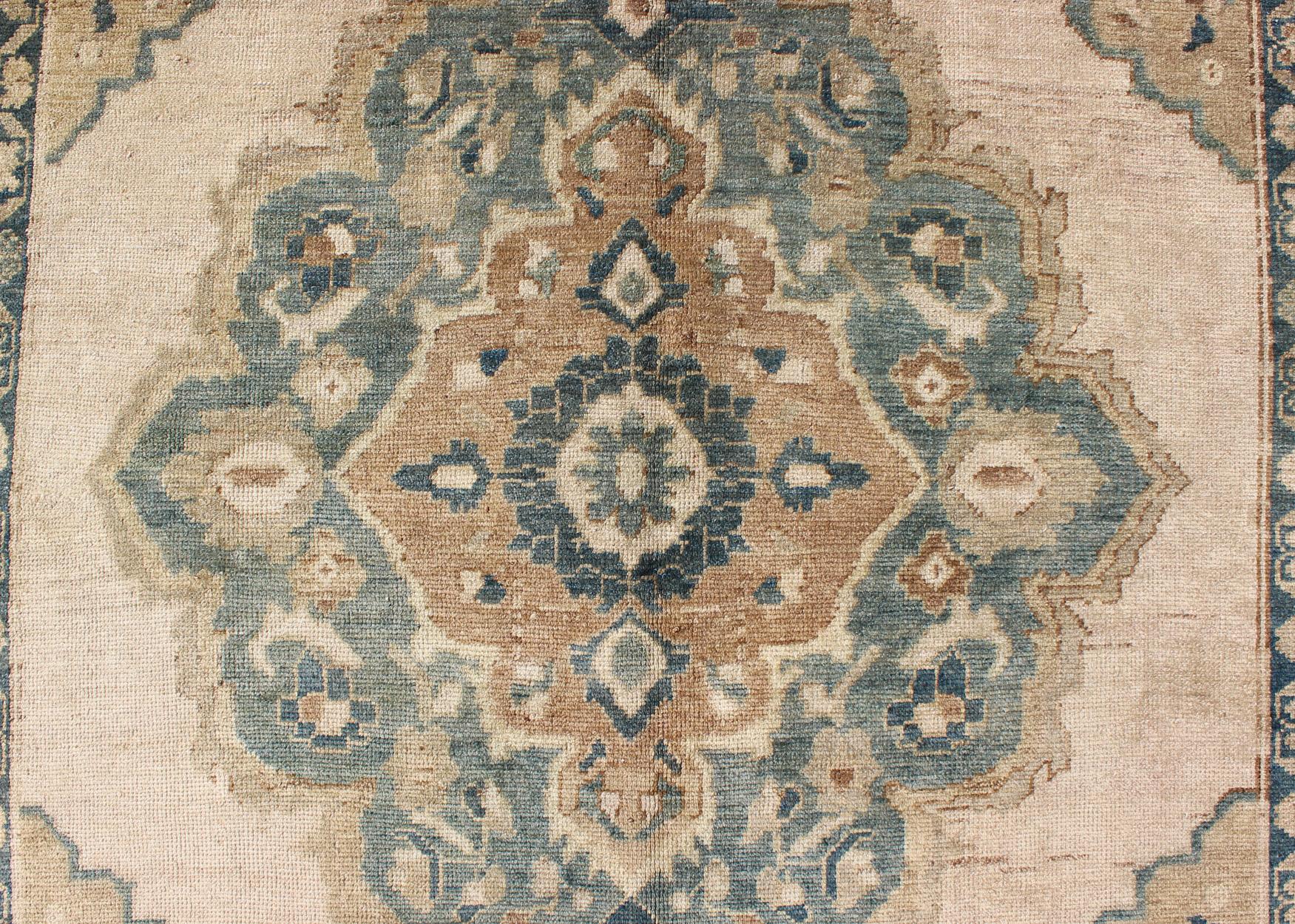 Vintage Oushak Rug with Floral Design in Blue/Green, Taupe, Ivory & Yellow Green In Good Condition For Sale In Atlanta, GA