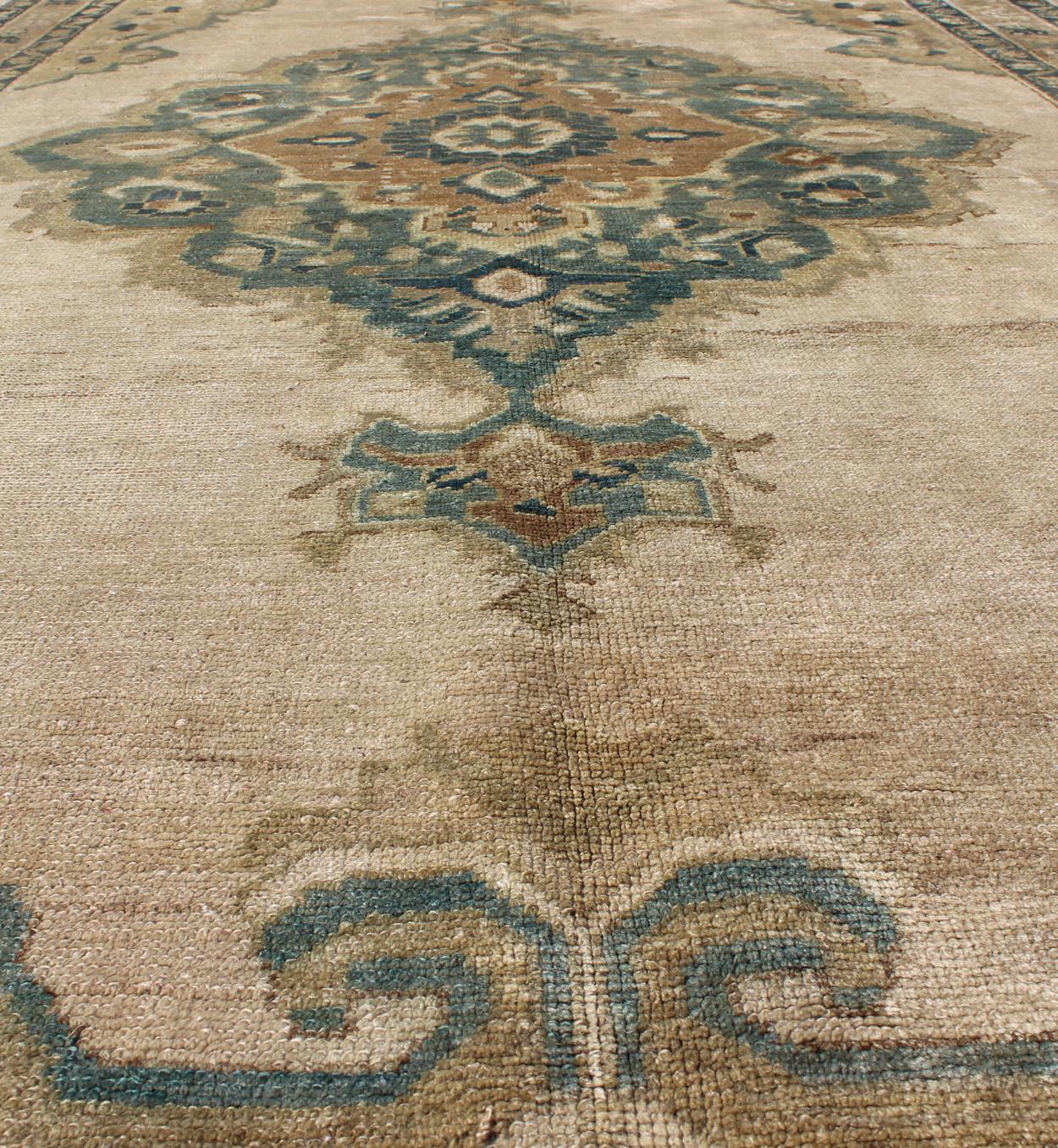 Wool Vintage Oushak Rug with Floral Design in Blue/Green, Taupe, Ivory & Yellow Green For Sale