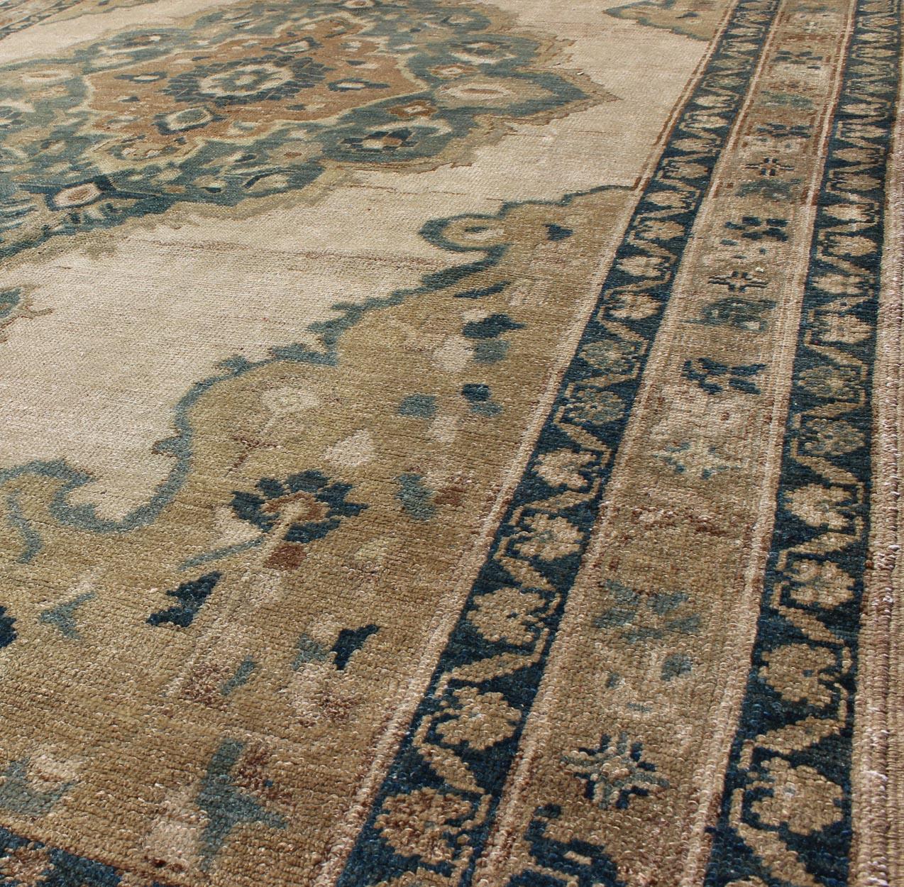 Vintage Oushak Rug with Floral Design in Blue/Green, Taupe, Ivory & Yellow Green For Sale 1