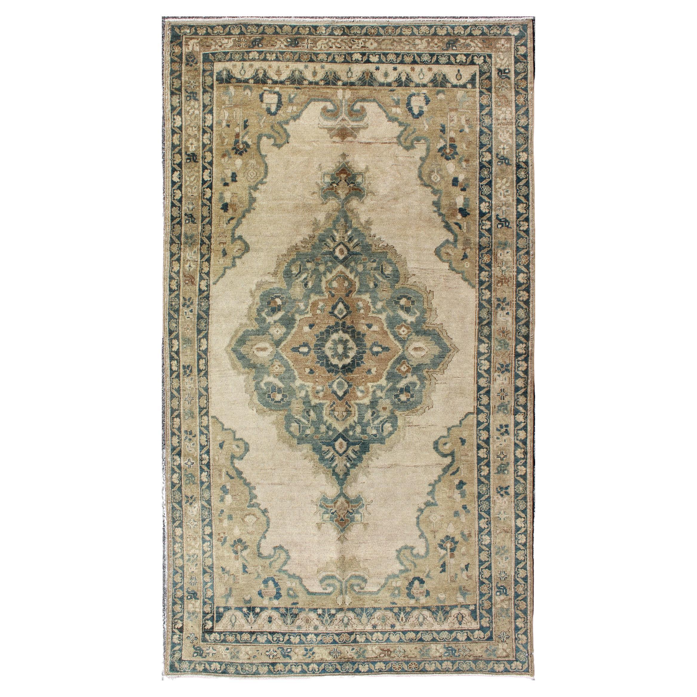 Vintage Oushak Rug with Floral Design in Blue/Green, Taupe, Ivory & Yellow Green
