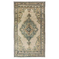 Retro Oushak Rug with Floral Design in Blue/Green, Taupe, Ivory & Yellow Green