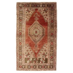 Vintage Oushak Rug With Geometric Motifs in Terracotta, Green and Tan