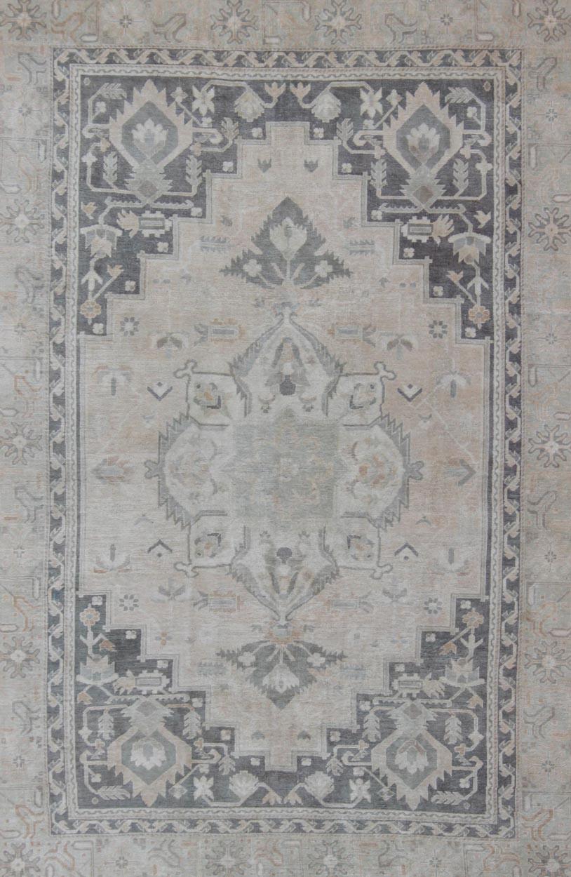 Turkish Vintage Oushak Rug with Layered Classic Medallion Design and Ornate Cornices For Sale