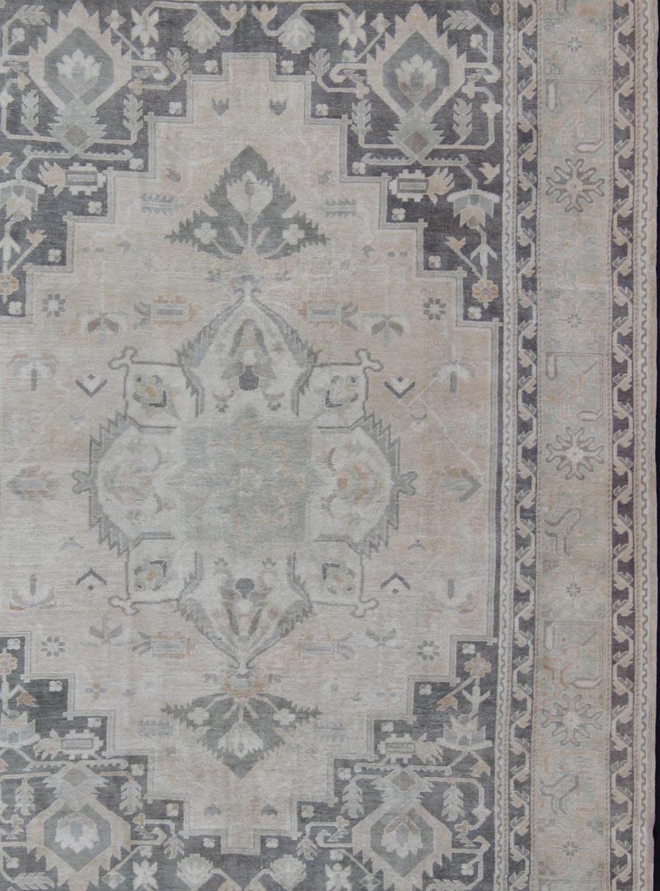 Hand-Knotted Vintage Oushak Rug with Layered Classic Medallion Design and Ornate Cornices For Sale