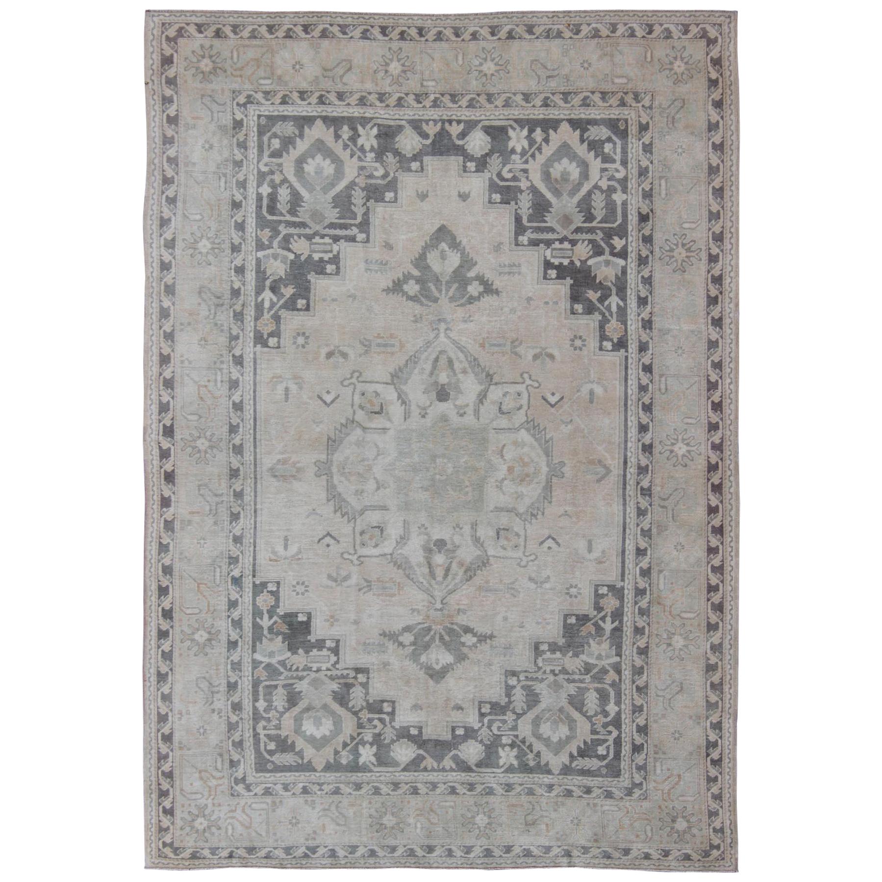 Vintage Oushak Rug with Layered Classic Medallion Design and Ornate Cornices For Sale