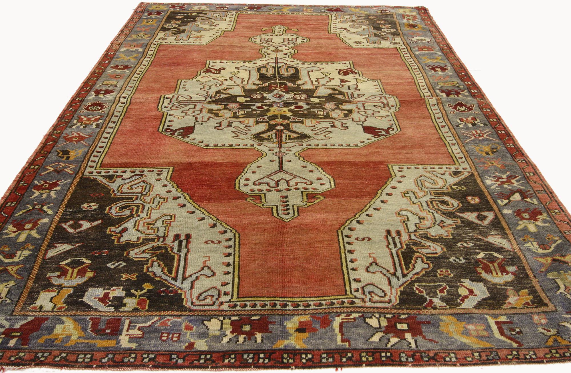 Hand-Knotted Vintage Oushak Rug with Mid-Century Modern Style For Sale