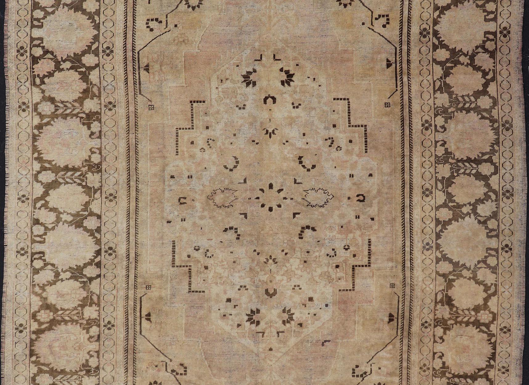 Hand-Knotted Vintage Oushak Rug with Muted Neutral Colors in Tan, Beige, Taupe, Gray & Brown For Sale