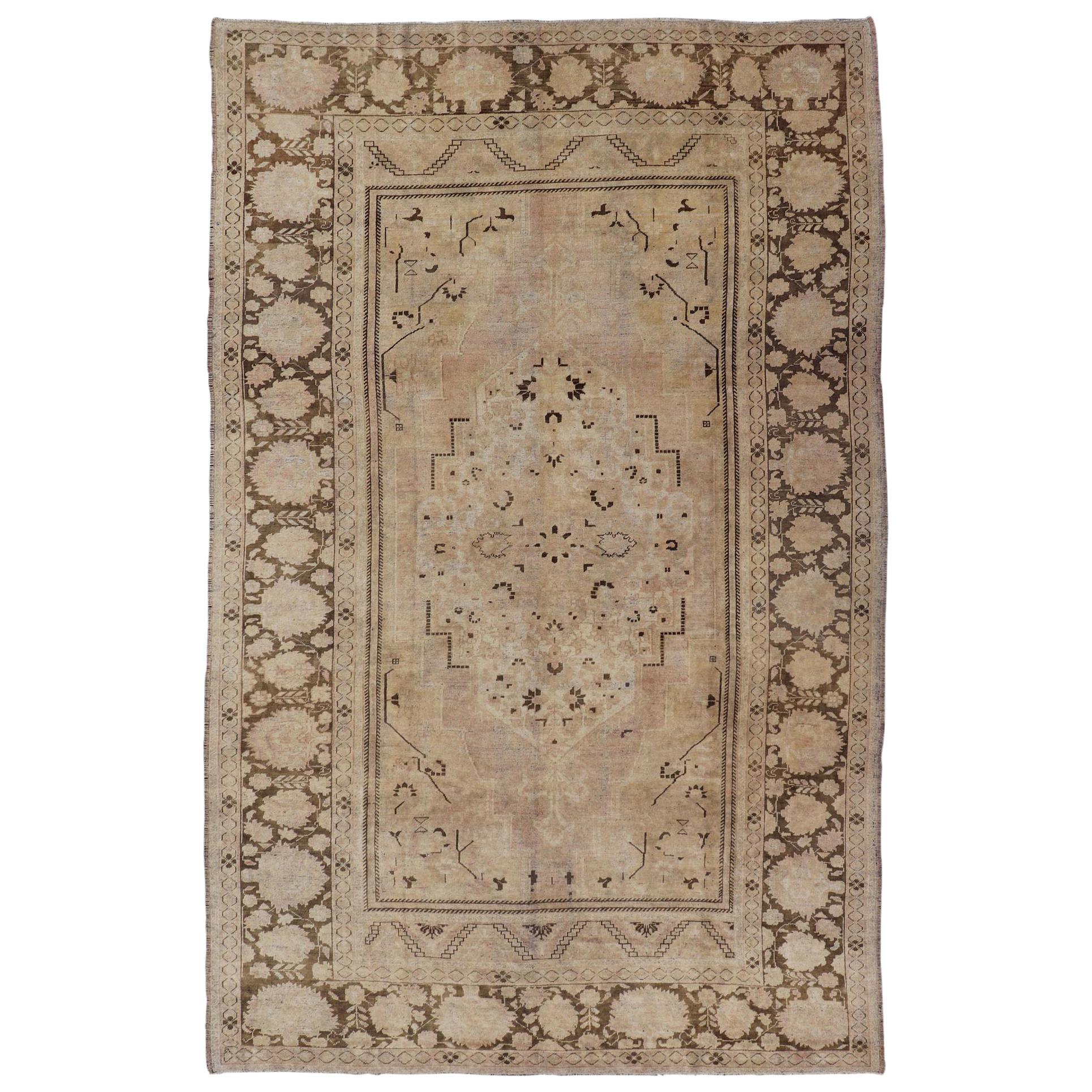 Vintage Oushak Rug with Muted Neutral Colors in Tan, Beige, Taupe, Gray & Brown
