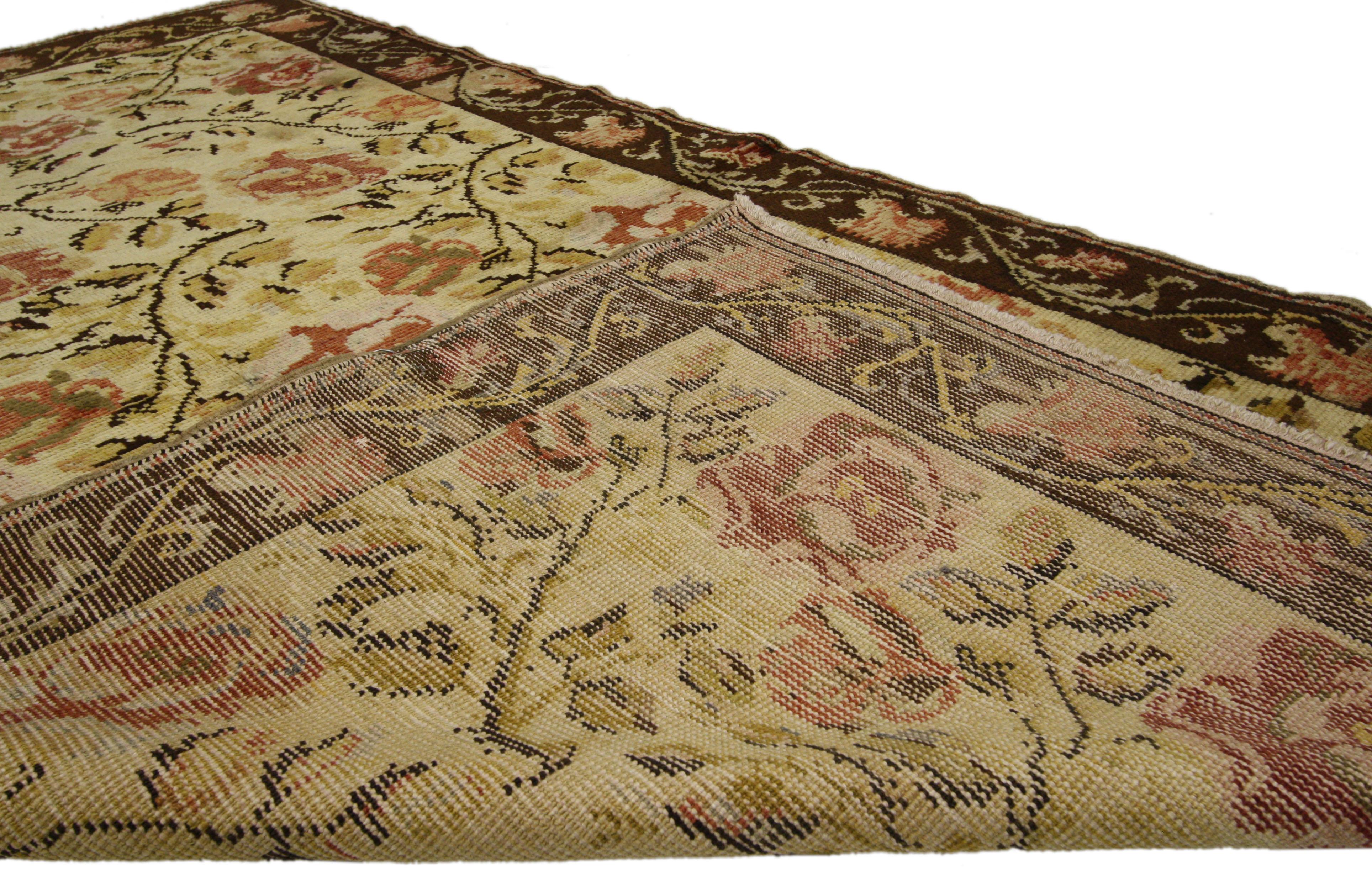 Hand-Knotted Vintage Oushak Rug with Traditional English Country Garden Design For Sale