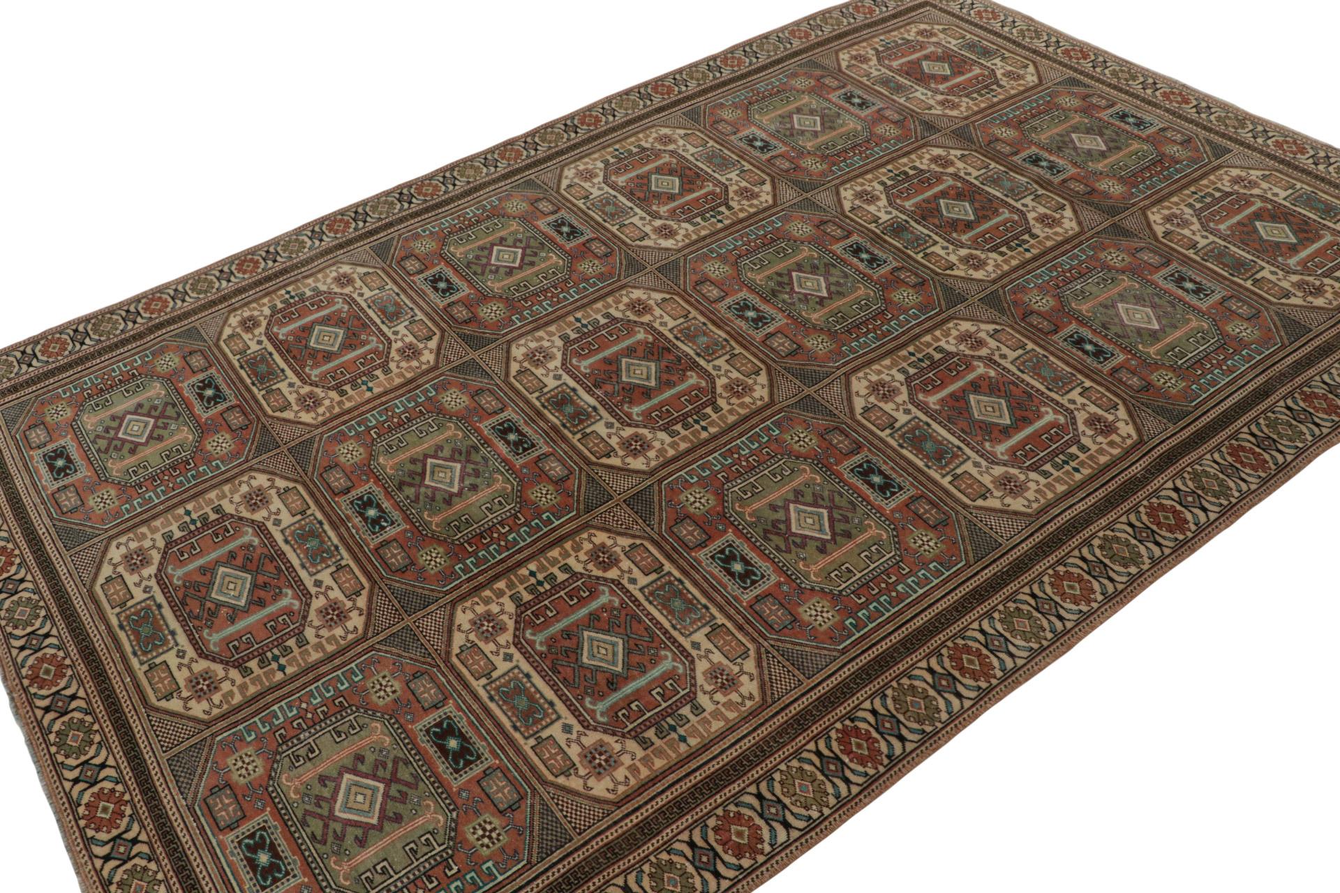 Hand Knotted in wool, this vintage 6x10 Oushak rug with tribal motifs and references to floral symbols in the geometric patterns, is from a distinct collection of young end-of-the-mid-20th-century pieces with their own rare boho chic beauty. 

On