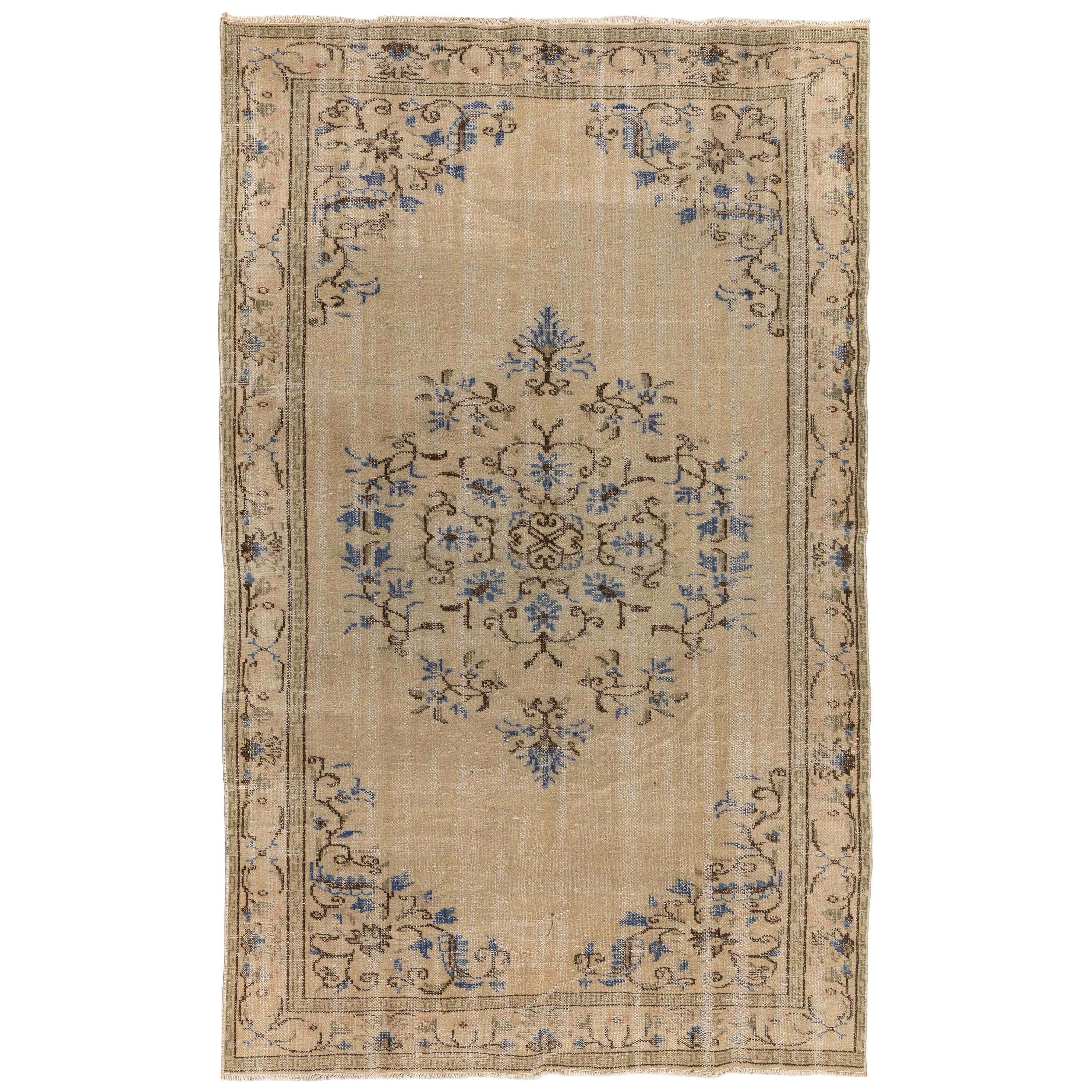 Tapis turc vintage Oushak, tapis de laine en laine beige, marron, bleu