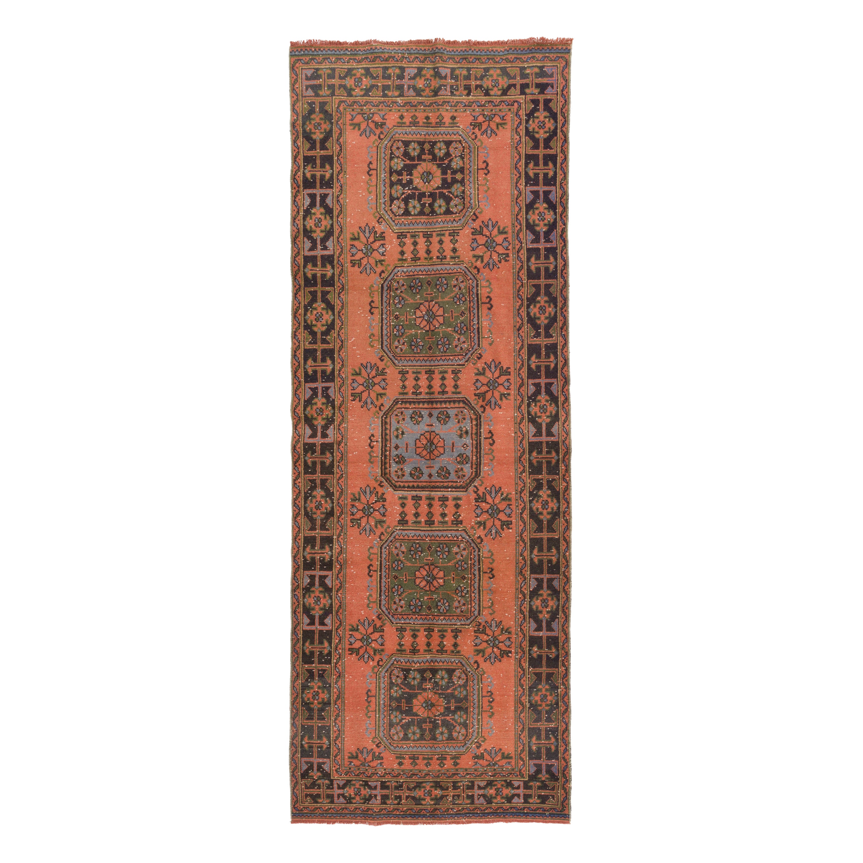 4.2x11.4 Ft Vintage Oushak-Läufer, Flurteppich aus authentischer Wolle aus der Türkei