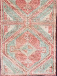 Vintage Turkish Oushak Runner with Coral Red, Soft Teal, and Warm Beige