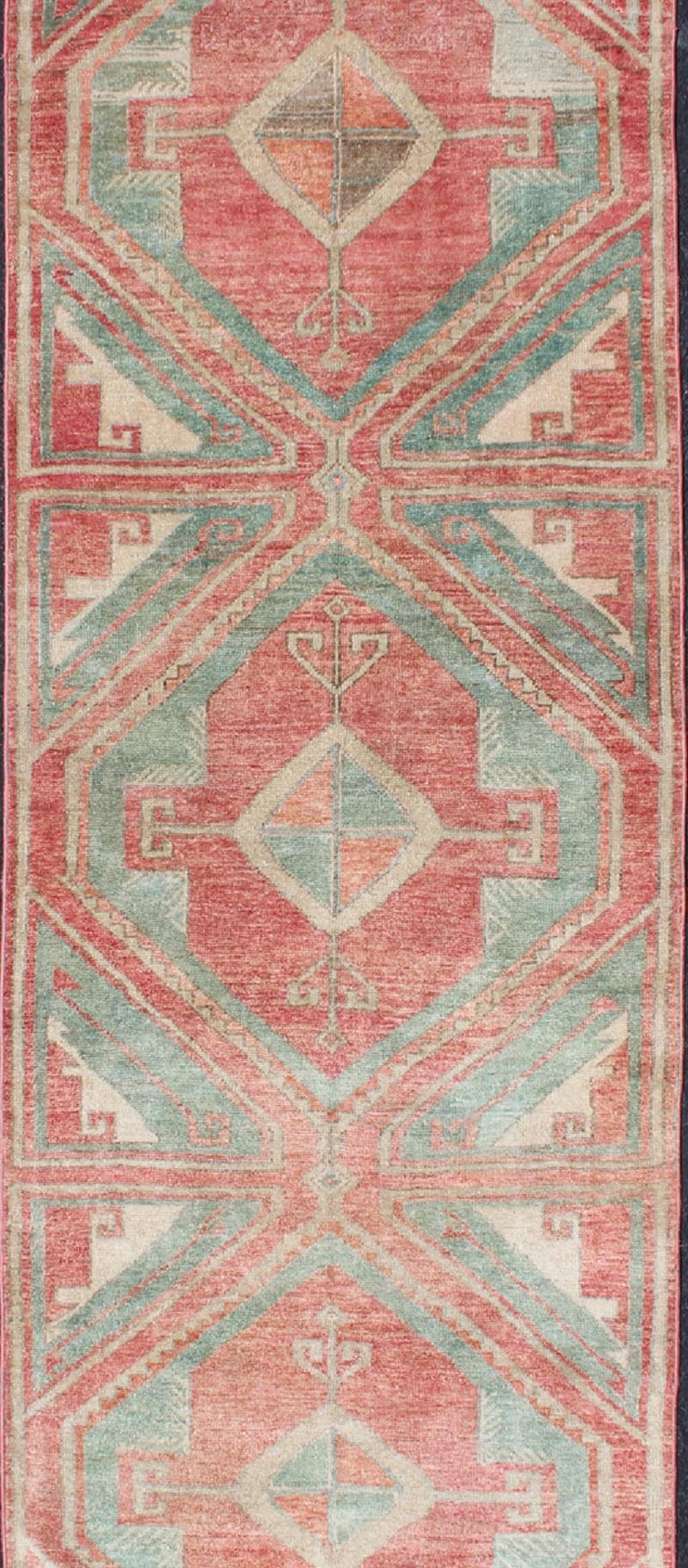 Turkish Vintage Oushak Runner in Aqua and Soft, Rosy Red For Sale