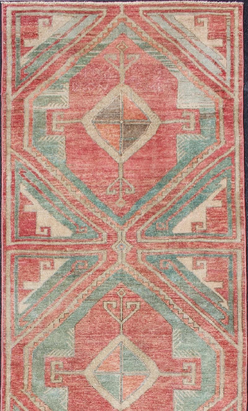 Hand-Knotted Vintage Oushak Runner in Aqua and Soft, Rosy Red For Sale