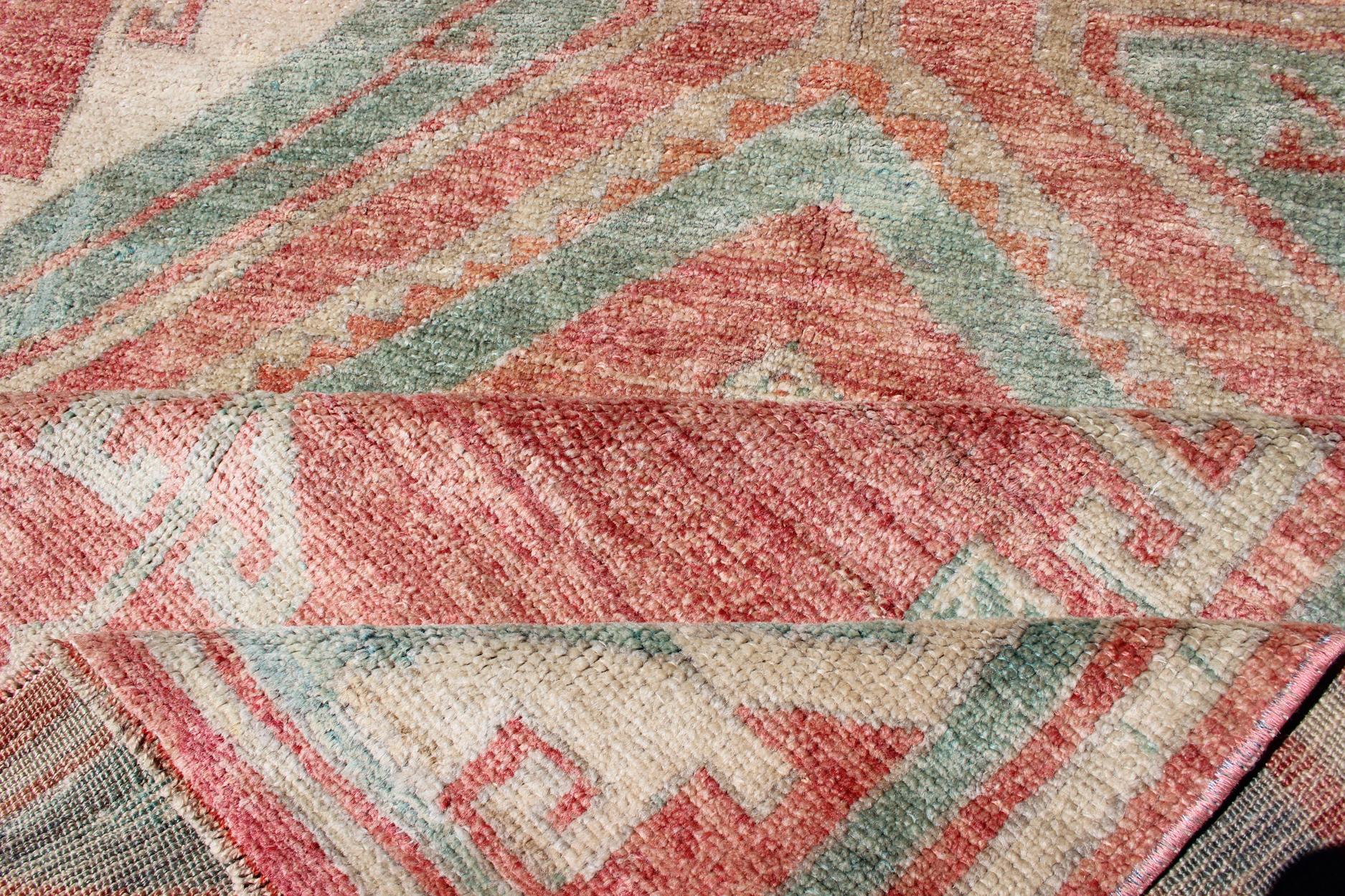 Vintage Oushak Runner in Aqua and Soft, Rosy Red In Good Condition For Sale In Atlanta, GA