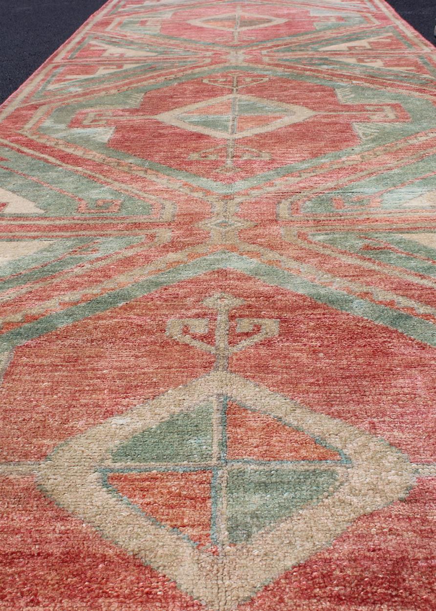 Mid-20th Century Vintage Oushak Runner in Aqua and Soft, Rosy Red For Sale