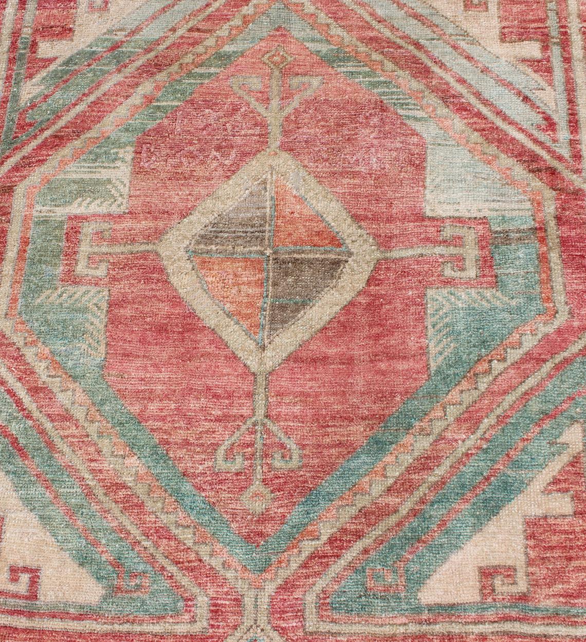 Vintage Oushak Runner in Aqua and Soft, Rosy Red For Sale 1