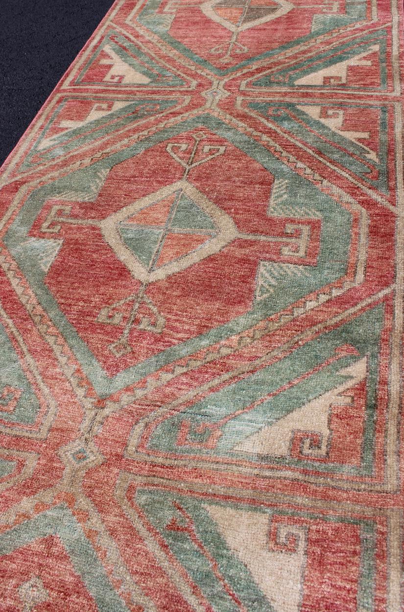 Vintage Oushak Runner in Aqua and Soft, Rosy Red For Sale 2