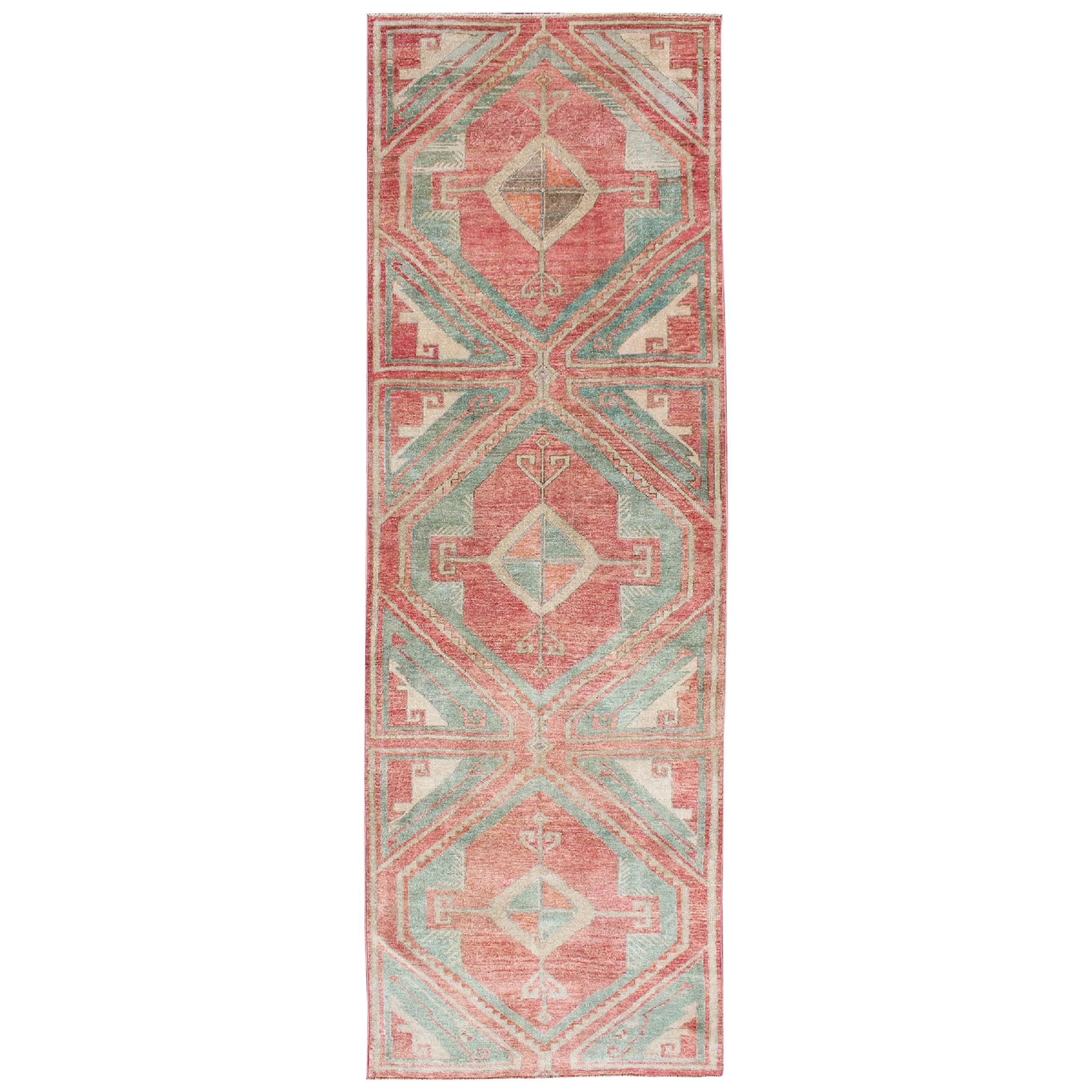 Vintage Oushak Runner in Aqua and Soft, Rosy Red For Sale