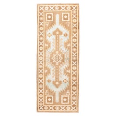 Runner Oushak vintage in morbido cammello e blu ghiaccio