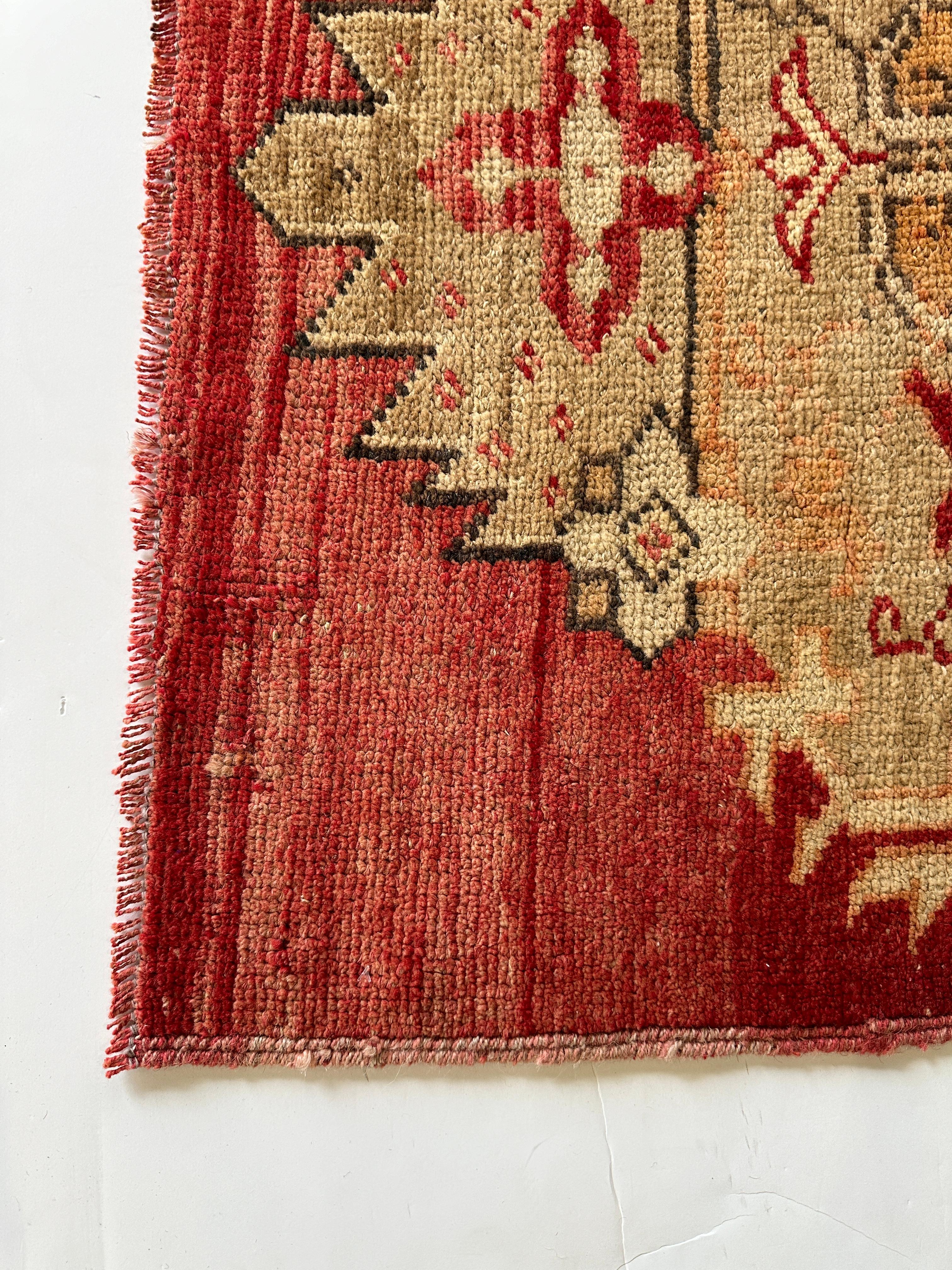 Questo tappeto Oushak Village Runner è un capolavoro che eleva lo stile degli interni moderni e tradizionali. È caratterizzato da medaglioni intrecciati con lana al 100% nei ricchi toni del rosso, dell'arancio e dell'oro. Realizzato tagliando e