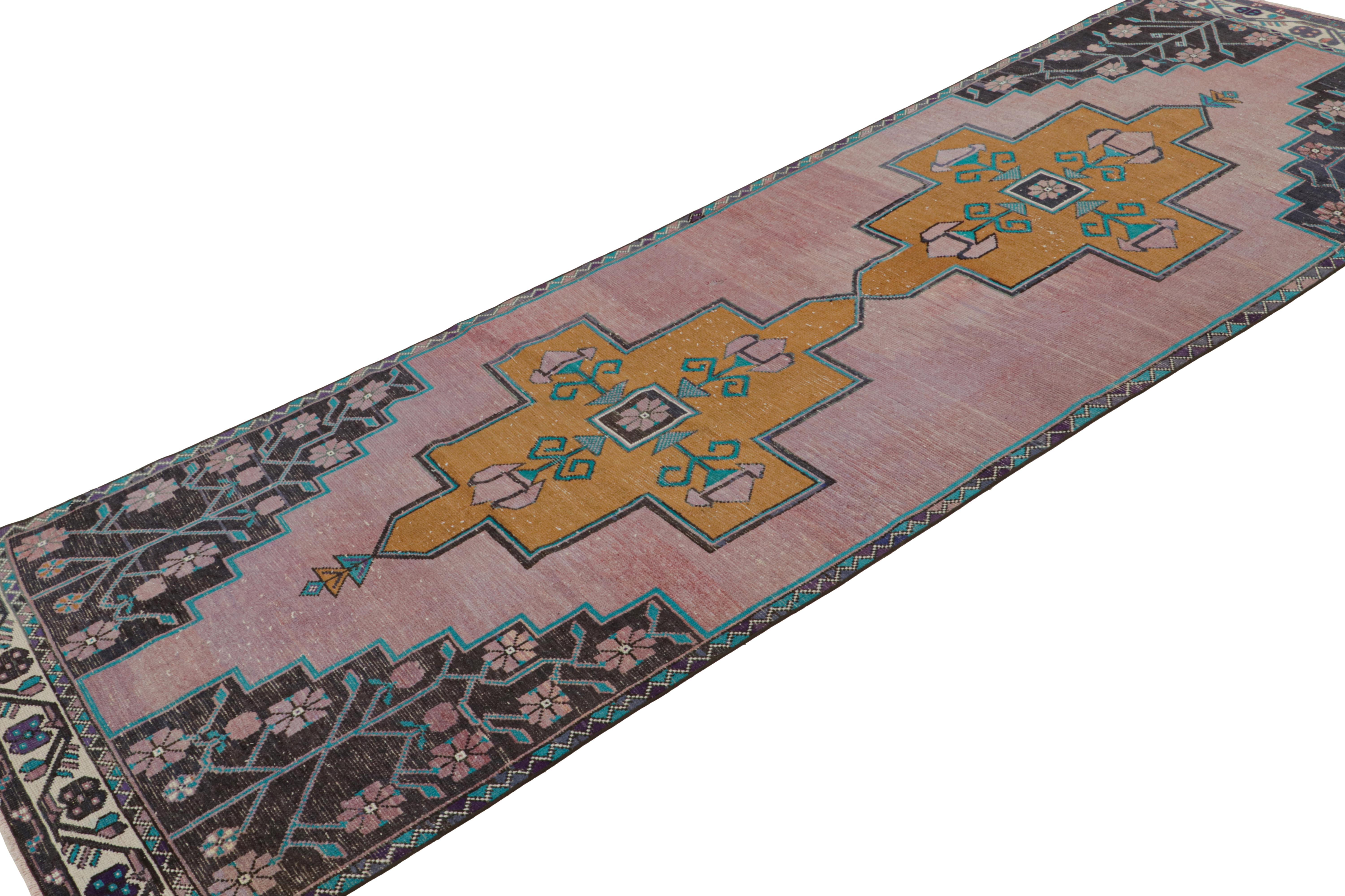 Hand Knotted in wool, this vintage 4x12 Oushak runner rug features an open field style with two medallions and intricate patterns, which isn’t unseen in Oushaks, just a unique choice which is definitely indicating a vintage piece. 

On the Design: