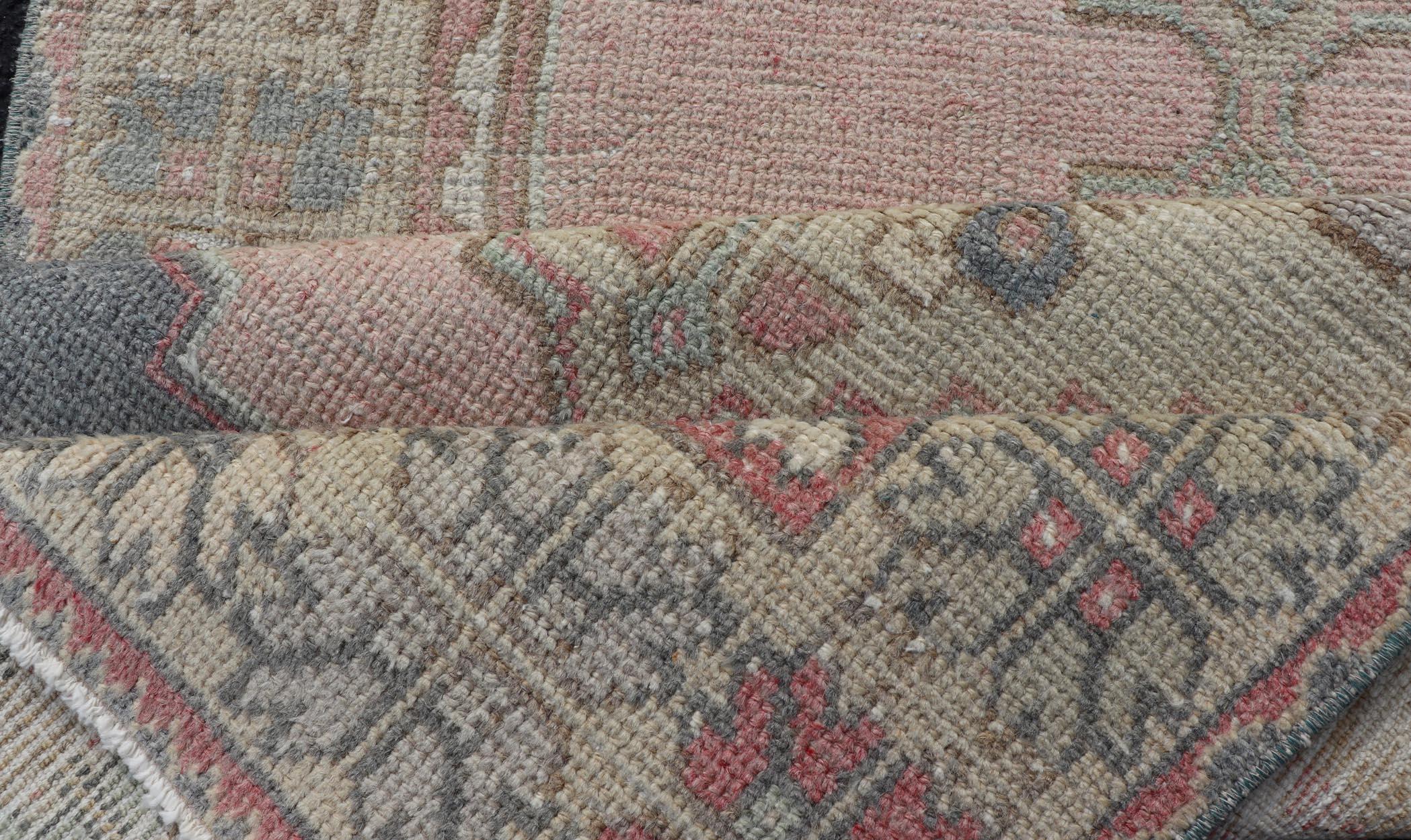 Vintage Oushak Runner With Medallions in Pink, Gray, & Light Yellow 2'11 x 8'9 For Sale 3