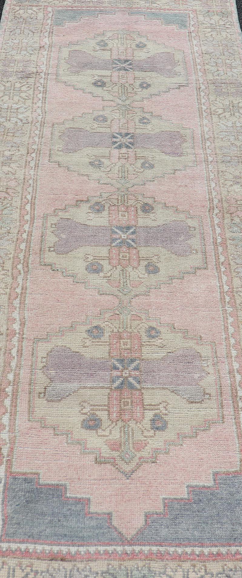 Vintage Oushak Runner With Medallions in Pink, Gray, & Light Yellow 2'11 x 8'9 For Sale 4