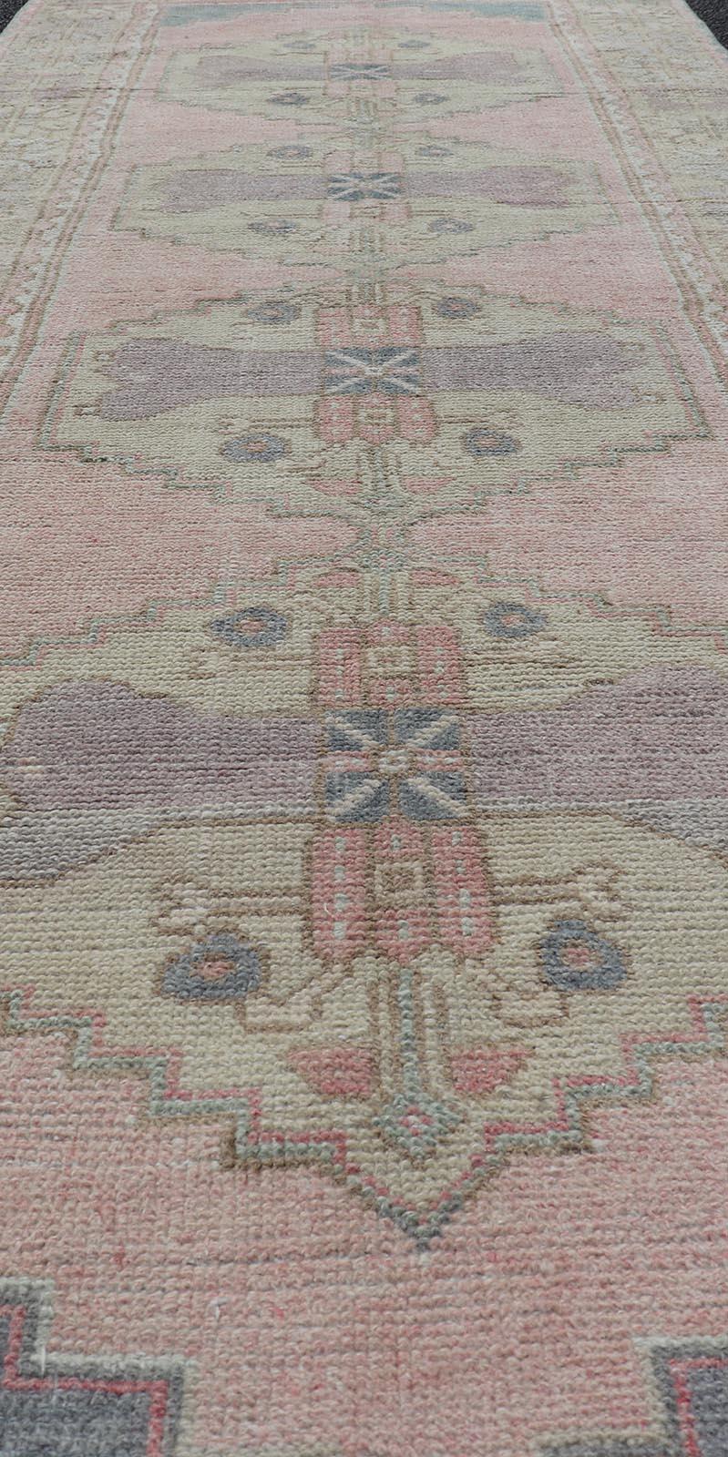 Vintage Oushak Runner With Medallions in Pink, Gray, & Light Yellow 2'11 x 8'9 For Sale 5