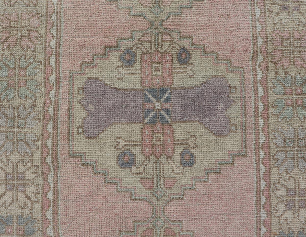 Vintage Oushak Runner With Medallions in Pink, Gray, & Light Yellow 2'11 x 8'9 For Sale 6
