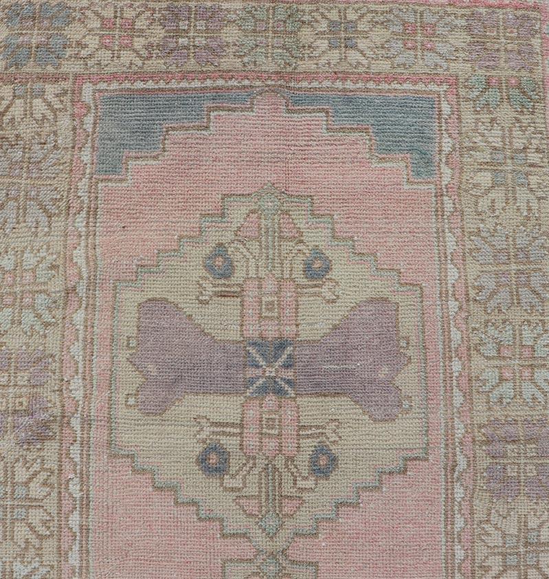 Measures: 2'11 x 8'9 
Turkish Vintage Oushak Runner with Medallion's in Pink, Gray, and Light Yellow. Country of Origin: Turkey; Type: Oushak; Design: Medallion, Sub-Geometric, Tribal Medallion; Keivan Woven Arts: rug TU-MTU-913;  mid-20th